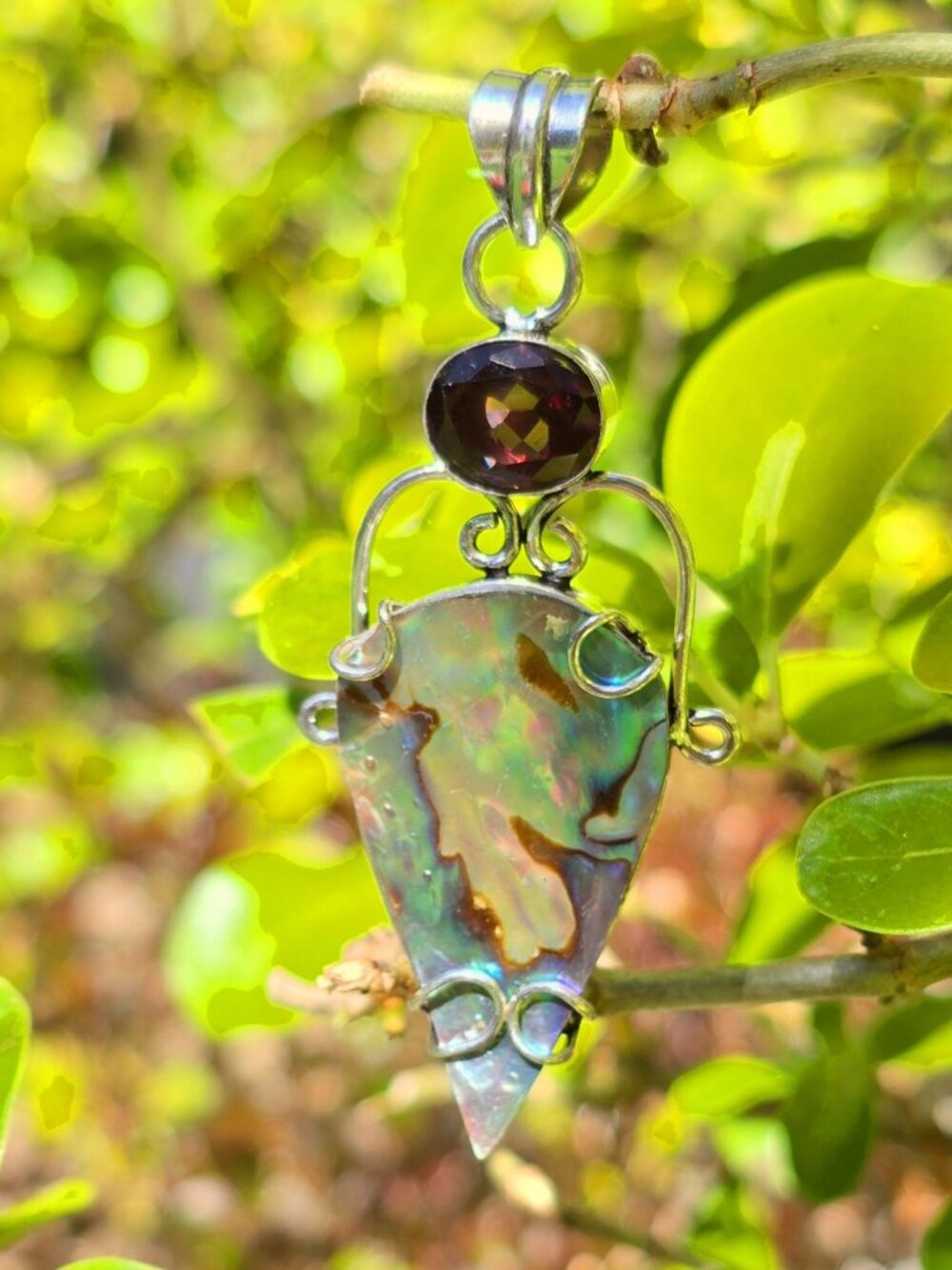 Hand Crafted ✦ Abalone Garnet Sterling Silver Pendant ✦ Boho Natural Shell Gem - Picture 8 of 10